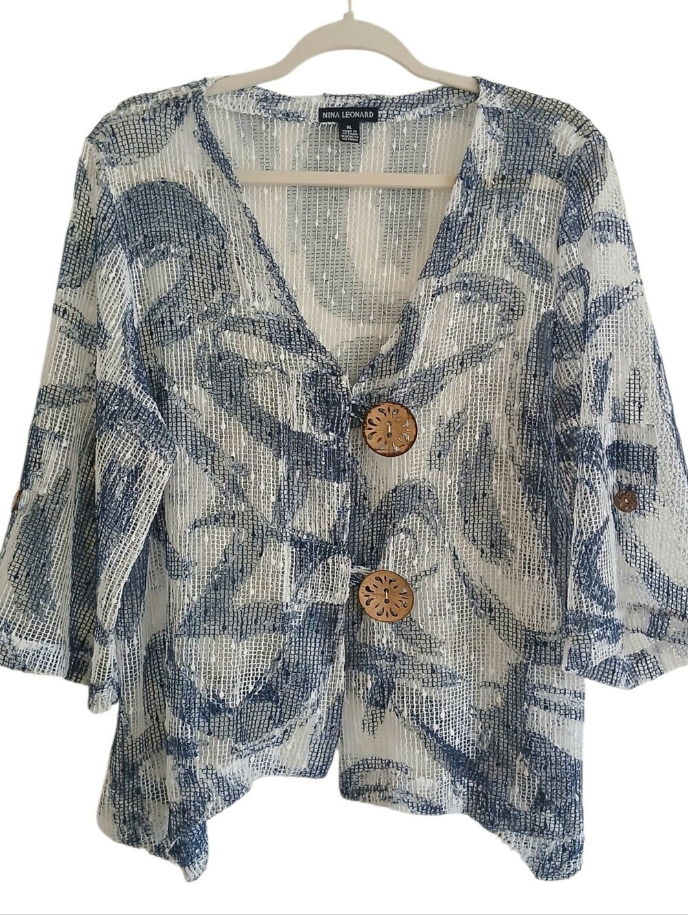 NINA LEONARD Lagenlook Open Knit Cardigan Women's XL Big Button Mesh Boho